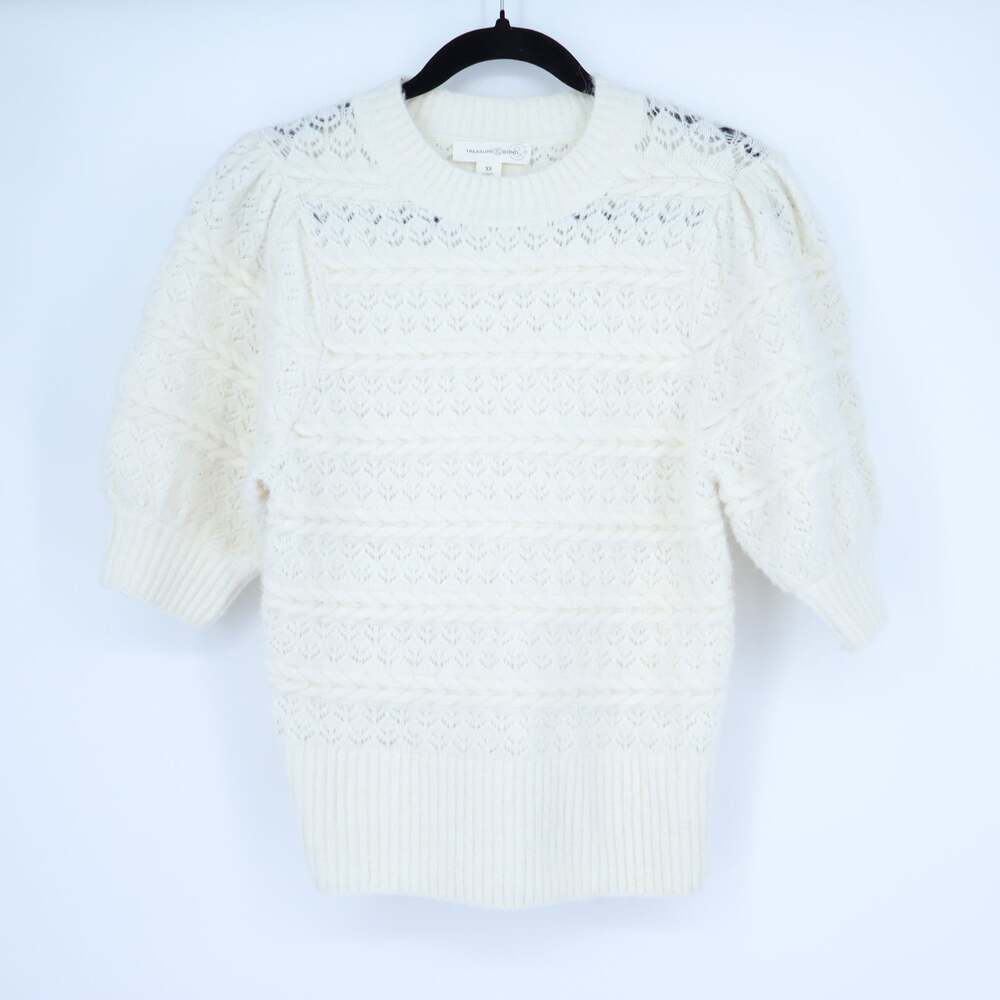 TREASURE & BOND Cable Knit Pullover Sweater Ivory Puff Sleeve Women's XS